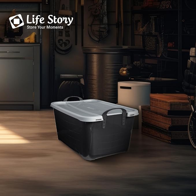 Life Story 18 Pack Heavy Duty Stackable Storage Bin, 55 Qt, Black/Gray | Versatile Home Organizer Set, Lightweight Locking Bins with Carrying Handles