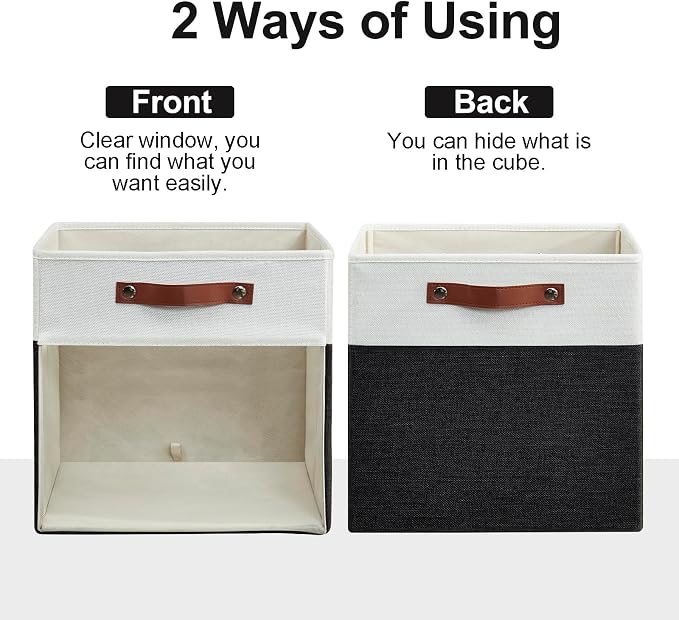 Storage Cubes, 4 Pack Linen Foldable Storage Bins (13 x 13 inch) with Clear Window and Handles, Fabric Organizer for Shelf Closet, Clothes, Books - (Black and White)