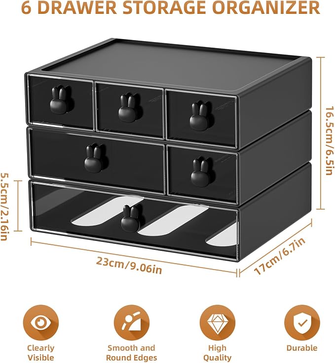 Marbrasse Desk Organizer with 6 Drawers, 3 Tier Stackable Storage Drawers Plastic Makeup Storage, Office Organizers and Storage, Desk Storage Box for Office, School, Home Black
