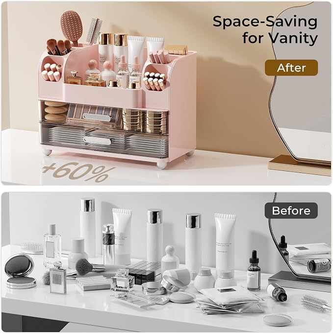 UFORU Makeup Organizer Countertop with 2 Large Drawers for Vanity Bathroom | Brush Holder, Large Capacity, Thickened Plastic, Compact Footprint, Space-Saving Design, Easy Clean, Ideal for Dorm Rooms
