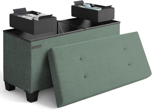 Storage Ottoman Bench with Bins, 30-in Storage Bench for Bedroom End of Bed, Folding Foot Rest Ottoman for Living Room Max 660lbs, Fabric Ottomans, Green