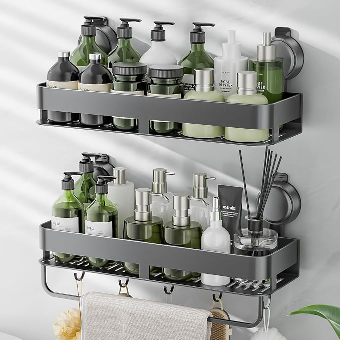 Corner Shower Caddy,Suction Cup Shower Caddy with Hooks,No Drilling Rustproof Aluminum Bathroom Organizers and Storage,Shelves for Bathroom Accessories Decor (15.7inch-Gunmetal Gray)