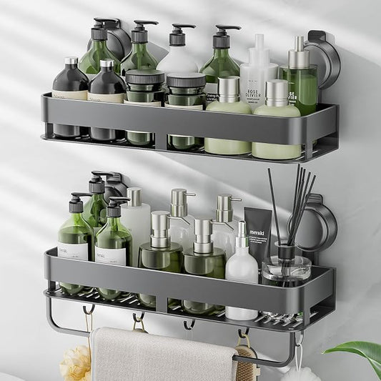Corner Shower Caddy,Suction Cup Shower Caddy with Hooks,No Drilling Rustproof Aluminum Bathroom Organizers and Storage,Shelves for Bathroom Accessories Decor (15.7inch-Gunmetal Gray)