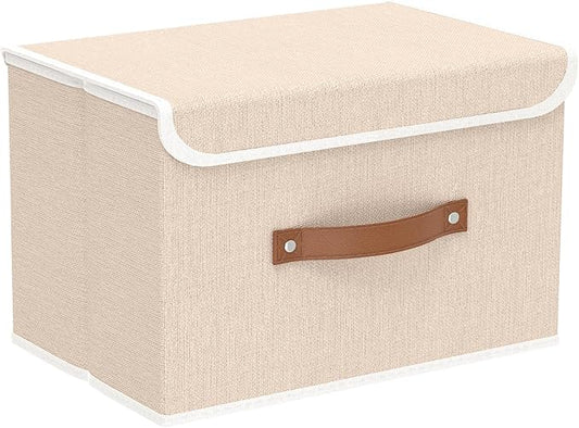 Yawinhe Fabric Storage Boxes with Lids,Beige,15.0x9.8x9.8in,1-Pack | Container with Leather Handle,Washable Storage Basket, Clothes Blanket Bin,Collapsible Closet Organizer for Bedroom