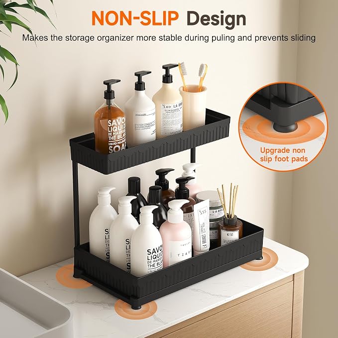 Sevenblue 3-Pack 2-Tier L-Shaped Under Sink Organizers with Sliding Drawers | Multi-use kitchen & bathroom storage, 14.85 inch black cabinet organizer, space-saving sliding drawer design.