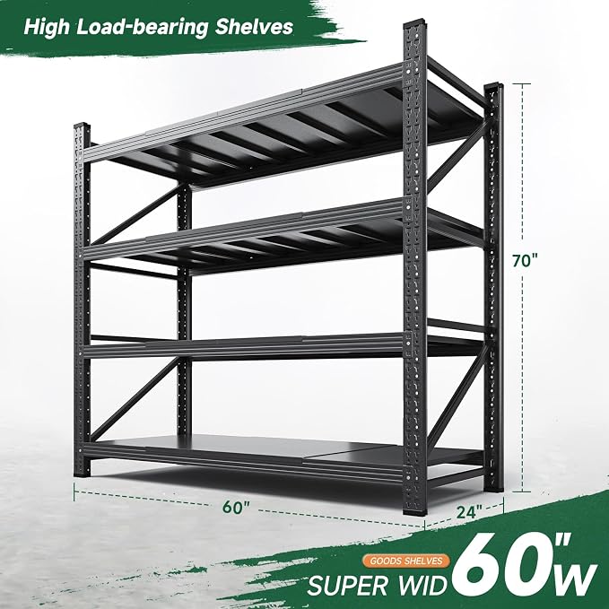 Letaya 4000LBS Storage Shelves Heavy Duty,60" W Garage Shelving Units, 4 Tier Adjustable Utility Rack Shelf,Large Metal Industrial Shelves,for Shop,Warehouse,Basement,Black (60" W x 24" D x 70" H)
