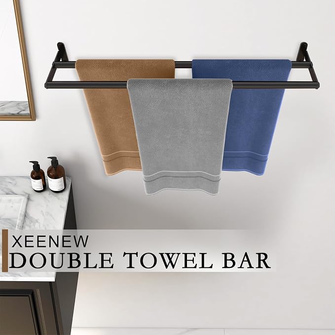 Double Towel Bar, 24 Inch Towel Racks for Bathroom, Stainless Steel Bathroom Towel Holder, Towel Rack Wall Mounted Towel Hanger Towel Rod, Matte Black