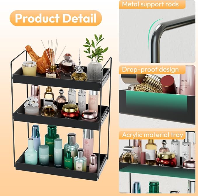 NPPLUS 3 Tier Bathroom Counter Organizer Matte Black Acrylic Tray | Metal Vanity Counter Skincare Shelf, Under Sink Standing Rack, Home Storage Holder For Lotion Makeup Cosmetics Perfume Spice