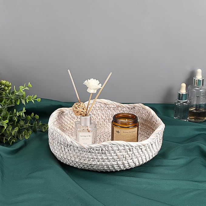 Hipiwe Rattan Key Basket for Entryway Table Handwoven Small Baskets Tray | Decorative Coffee Table Trays Wicker Storage Baskets Bowl Round Fruit Bread Serving Basket Tray, Whitewash