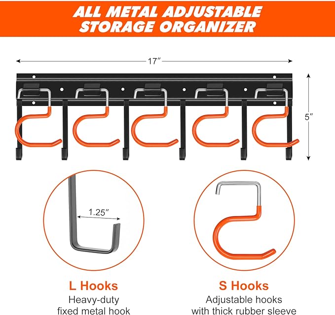 TVKB 51'' All Metal Garden Tool Organizer Adjustable Garage Tool Organizer Wall Mount Garage Organizers and Storage with Heavy Duty Hooks Tool Hangers for Garage Wall, Shed, Garden