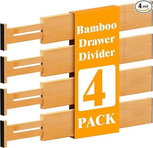 Bamboo Drawer Dividers, 12-21 Inch Kitchen Adjustable Drawer Organizers | Expandable Dresser Separators for Clothes, Ideal for Kitchen, Bathroom, Vanity, Office Organization and Storage, 4-Pack