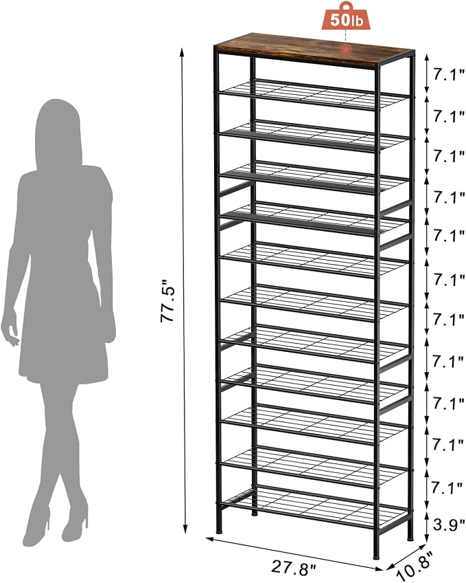 12 Tier Metal Shoe Rack with Wood Top, 40-48 Pairs Rustic Brown | Tallest 77.5in for maximum storage. 3 iron sheets for heels. Removable layer fits tall boots. Display top.