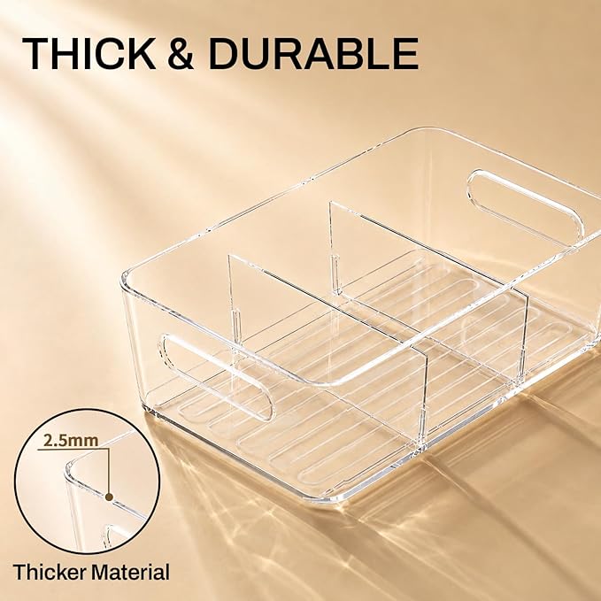 Mpotmiy 10 Pack Pantry Organizers and Storage,Clear Plastic Containers with 2 Dividers for Kitchen,Fridge Organization and Storage,Acrylic Bins for Pounches,Spice Packet,Snack organzier