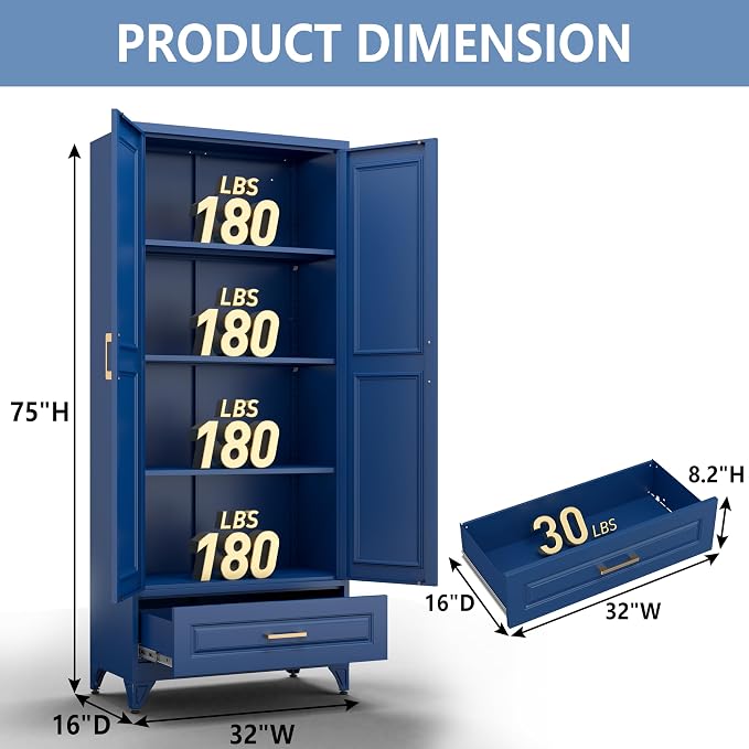 Polup 75" Metal Storage Cabinet, Tall Kitchen Pantry Cabinet with 1 Drawer | Blue Heavy-Duty Steel Cupboard, 2 Doors, 3 Adjustable Shelves, Magnetic Latch, Gold Handles, for Dining Living Room, Laundry