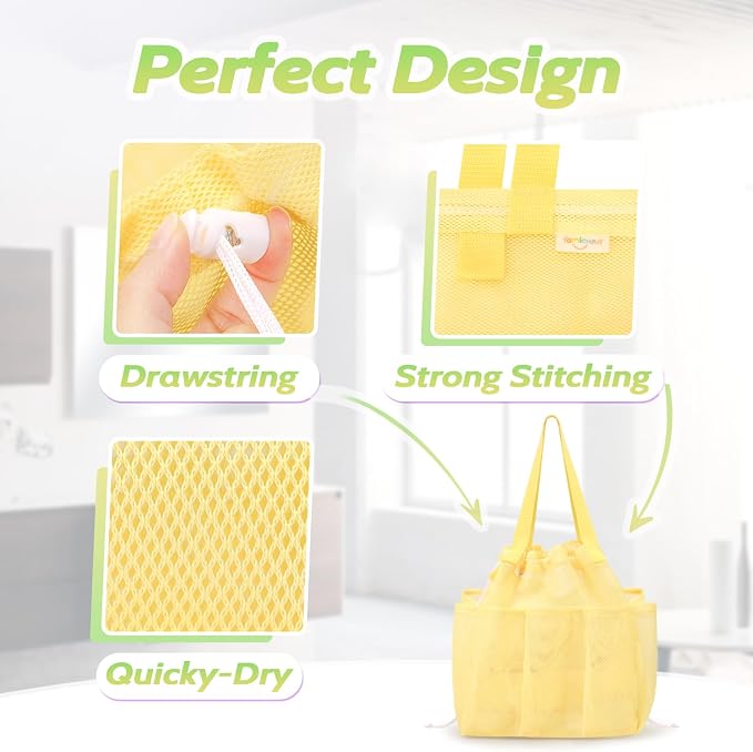 famichan Mesh Shower Caddy Portable with Drawstring, Dorm Room Essentials for College Students Girls & Boys, Large Shower Bag for Camping,Swimming,Gym,Travel,Bathroom - Yellow
