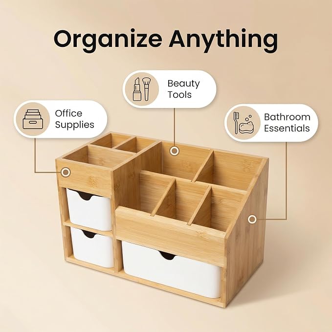 Bamboo Makeup Organizer, 11.5x5.4in | 3 Drawers, Dresser Cosmetic Organizer Box, Bamboo Desk Organizer for Home, Adjustable Dividers