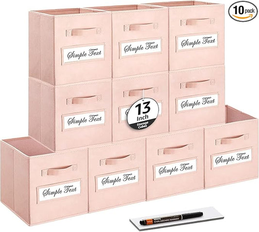 13x13x13 storage cube bins(Set of 10) Fabric storage cubes with 10 Labels Window Cards & a Pen, storage cubes 13x13, Collapsible 13 inch cube storage bins, Cubby Organizer Boxes, Pink