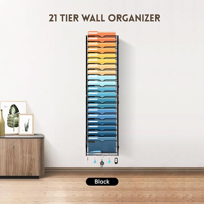 21-Tier Hanging Wall File Organizer with Hooks for Office Organization | Mesh Wall File Holder, Mail Organizer Wall Mounted for Papers, Documents, Folders and Magazines in Home Office, Classroom