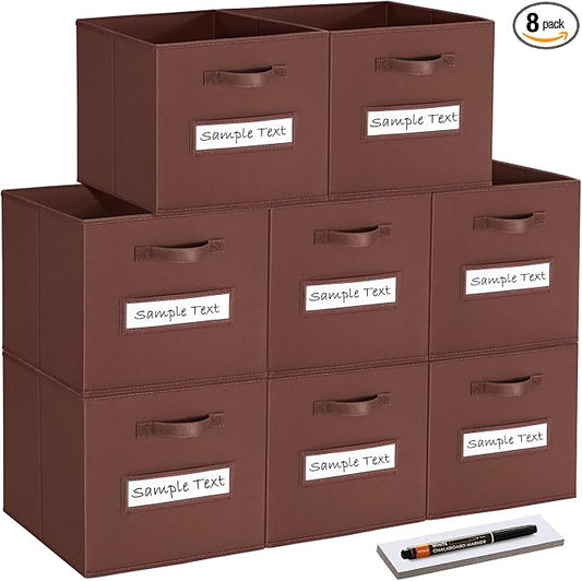 13x13x13 Storage cube bins(Set of 8) Fabric storage cubes with 8 Labels Window Cards & a Pen, Storage cubes 13x13, Collapsible 13 inch Cube storage bins, Cubby Organizer Boxes, Brown