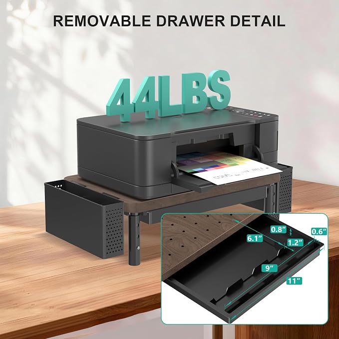 WALI Plastic Computer Monitor Stand with Storage, Desk Organizer with Drawer and Pen Holder, Desk Monitor Riser 3 Height Adjustable, Laptop Riser for Computer, Laptop, Printer(PTT003-C), 1 Pack, Brown