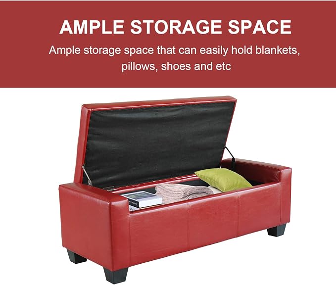 HOMCOM 51" Ottoman with Storage Safty Hinge Upholstered 330 lb Bright Red | Storage Ottoman Bench, Faux Leather Entryway Bench, Seating for Living Room, Bedroom
