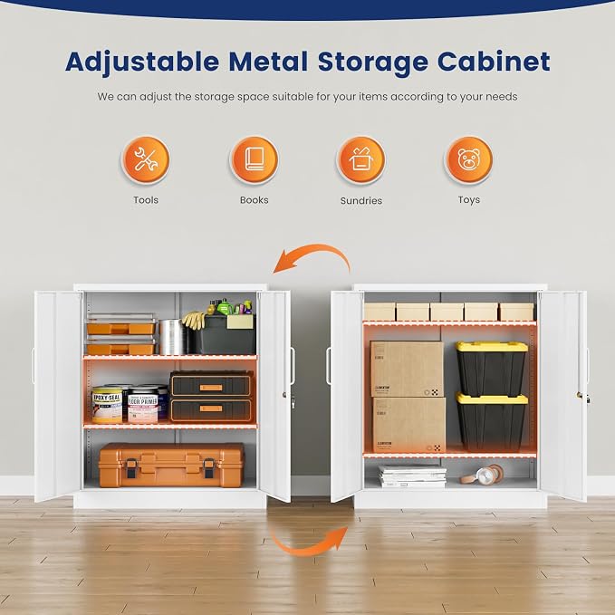 Yizosh Metal Garage Storage Cabinet with 2 Doors and 2 Adjustable Shelves - 35.5" Steel Lockable File Cabinet for Home Office,Garage,Gym,School (White)