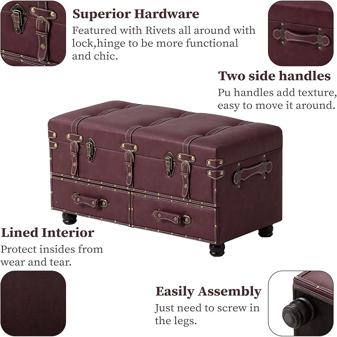 COZAYH - Storage Ottoman Bench Set of 2 - Dark Magenta | Faux Leather Upholstery, 31.5 in x 15.75 in x 17.25 in, Hinged Lid With Latch, 250 lb Capacity, Attach Legs Assembly