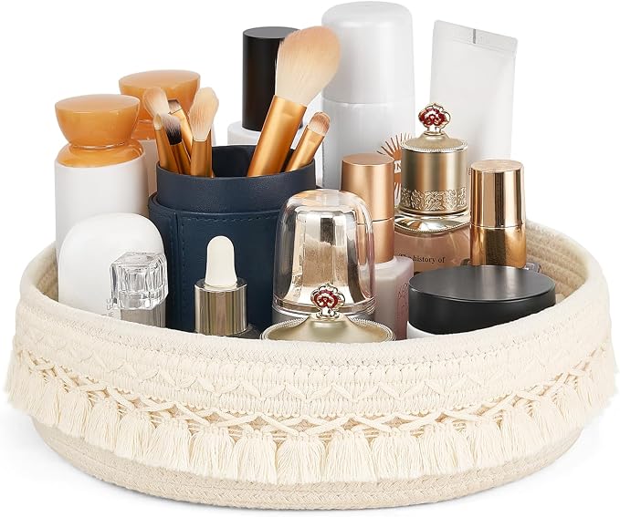 Mkono Makeup Perfume Organizer, Boho Decor Macrame Storage Basket, Ivory | Dorm Bedroom Decor, Hand-Woven Small Basket, Decorative Skincare Cosmetics Holder, Vanity Dresser Bathroom Office