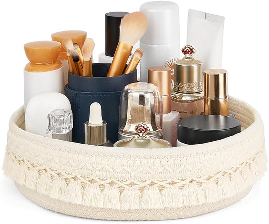Mkono Makeup Perfume Organizer, Boho Decor Macrame Storage Basket, Ivory | Dorm Bedroom Decor, Hand-Woven Small Basket, Decorative Skincare Cosmetics Holder, Vanity Dresser Bathroom Office