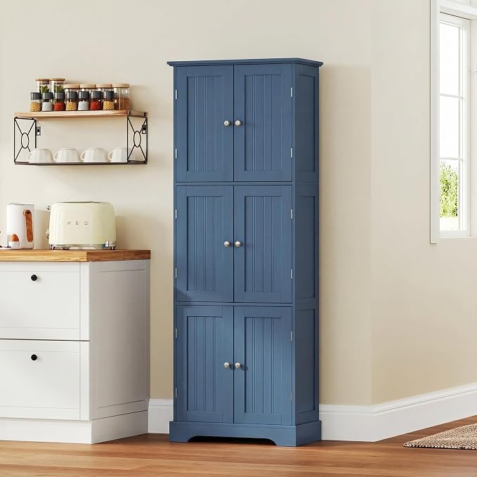 ChooChoo 63.2" Tall Bathroom Storage Cabinet with 6 Doors | Freestanding Floor Cabinet, Adjustable Shelves, Pantry Cabinet for Bathroom, Kitchen, Laundry Room, Blue