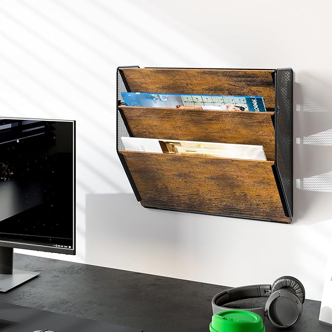 Wall File Organizer for Office, 3-Tier Rustic Hanging File holder Wall Storage Rack for Documents/Magazine/Literature/File Folders/Mails/Envelopes, Brown