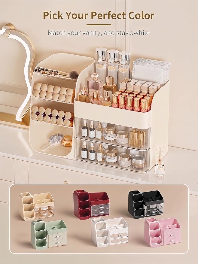 Booklov Small Makeup Organizer for Vanity Countertop, Cream | Clear Acrylic Cosmetic Display Case, Beauty Brush Holder for Bathroom Counter, Make Up Skincare Lipsticks Storage