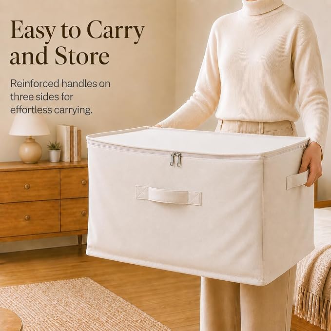 4Pack Canvas Storage Bags for Clothes & Comforters with Clear Window, Beige | 60L Large Capacity, Cotton Linen Fabric, Reinforced Handles, Foldable Design for King Comforters, Clothes and Blanket Storage