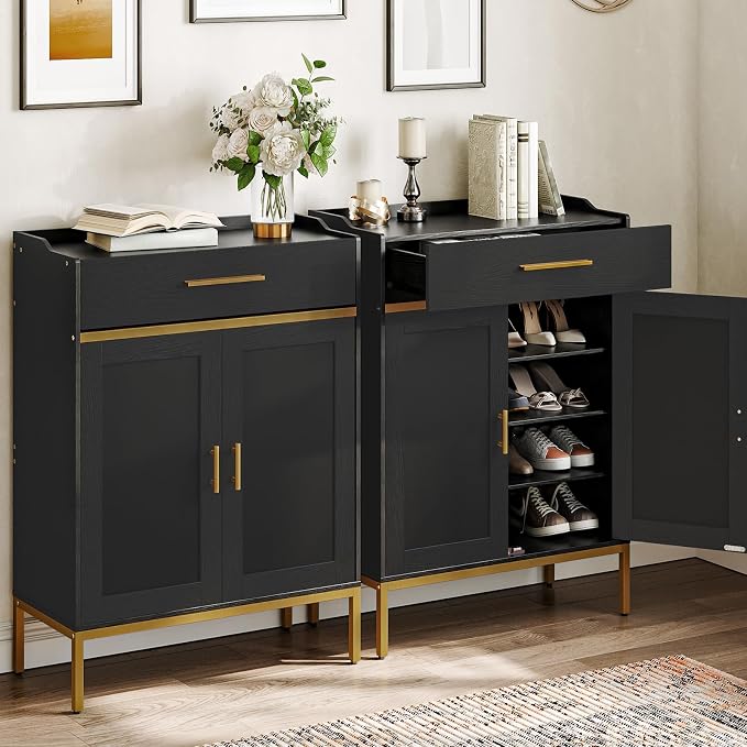 HOOBRO Shoe Cabinet with Doors and Drawer, Holds 12–18 Pairs, Large Capacity Shoe Storage Cabinet with Adjustable Shelves, Freestanding Wooden Shoe Organizer for Entryway, Black DB14SC01