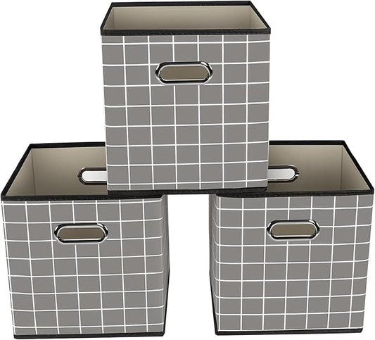 Yunkeeeper storage bins Cubes, Fabric Cube Organizer with Handle, Foldable Cube Bins for Cloth or Accessary Storage, 11x11x11, Set of 3,(Grey grid)