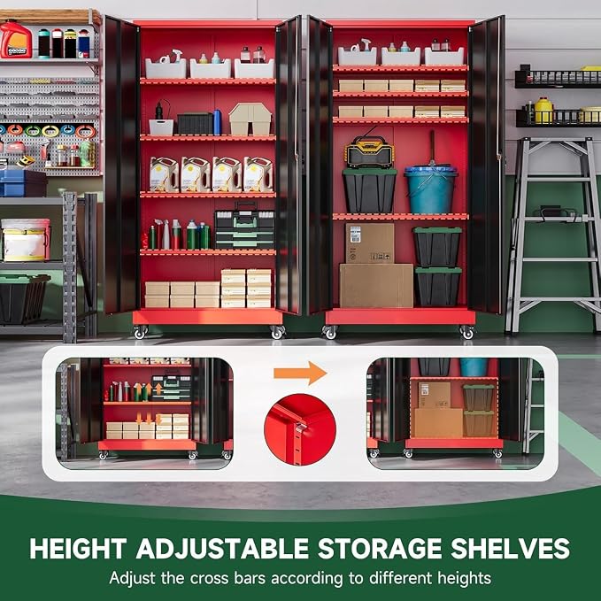 Letaya Metal Garage Storage Cabinets with Lock Door and Adjustable Shelves, Steel Tool Cabinets for Home,Office,Warehouse Organisieren (Black Red, 75" H)