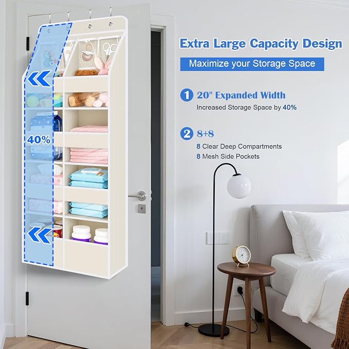 Univivi Upgraded Over the Door Organizer for Baby Nursery, Beige, 5-Shelf | Fabric Door Organizer with Clear Window Deep Pockets, Over Door Hanging Organizer for Baby Essential, Bedroom, and Dorm