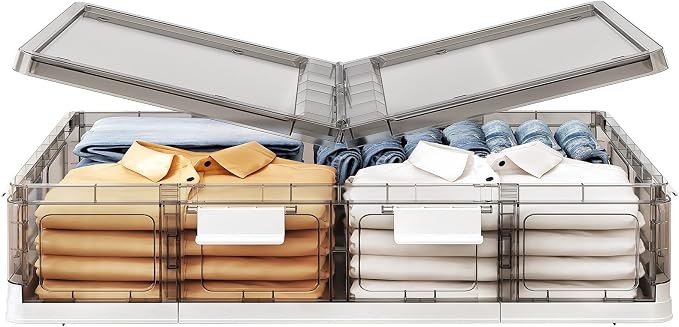 Kitstorack Clear Plastic Under Bed Storage Containers Bins with Lids and 8 Pre-installed Wheels,37.8 Qt, Rolling Foldable Flat Under Bed Organizer Boxes for Clothes Shoes Clothing Bedroom