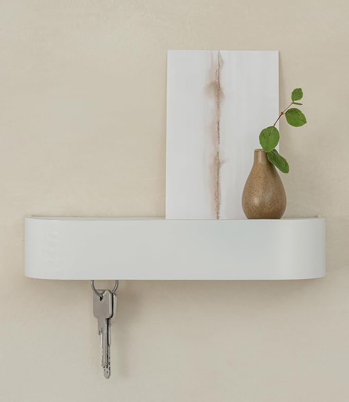 Kazai. Key Holder 'Toke' | Minimalist Key Hook Design from Berlin | Modern Key Holder Wall Mount with Wooden Shelf | Key Rack for Wall as Entryway Organizer | White