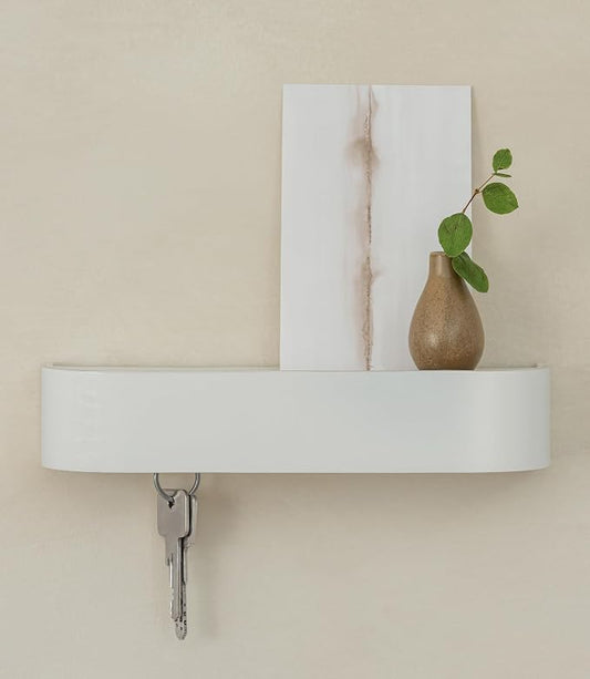Kazai. Key Holder 'Toke' | Minimalist Key Hook Design from Berlin | Modern Key Holder Wall Mount with Wooden Shelf | Key Rack for Wall as Entryway Organizer | White