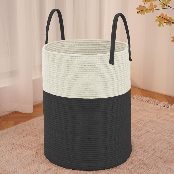 JMvicyroam 80L Cotton Rope Laundry Basket Hamper, White and Black | Collapsible laundry basket, reinforced handles, freestanding, machine washable, holds 3-5 thick blankets, clothes or toys
