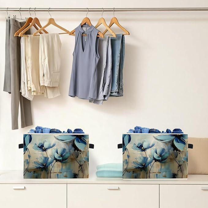 Abstract Blue Floral Storage Box Bins, Modern Impressionism Flower Botanical Collapsible Storage Basket Organizer for Bedroom Laundry Room Home Clothes Books, Decor for Room