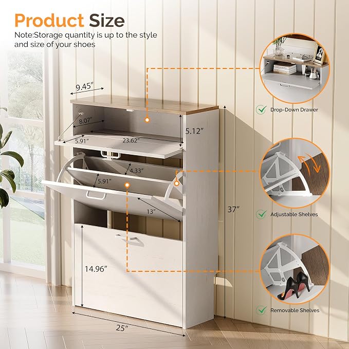 VINGLI Shoe Cabinet Storage for Entryway,Rustic White Narrow Shoe Rack,25"W | 8–12 Pairs,Skirting Board Cutout,1 Drop-Down Drawer,9.4"D Ultra Slim,Washed White & Vintage Brown,2 Flip Drawers,Farmhouse