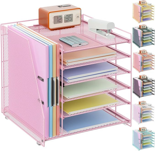 gianotter 6-Tier Paper Organizer With Magazine Holder, Desk Organizers and Accessories, Desk Accessories & Workspace Organizers, File Organizer for Office Supplies Storag (Pink, 6-Tier)