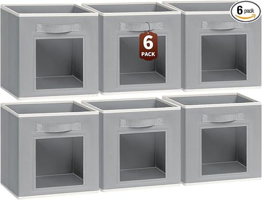 Storage Cube 11 Inch - Cube Storage Bins with Window, Closet Storage Baskets with Handle, Fabric Bins for Closet, Shelves, Toys, Clothes, Set of 6, Grey