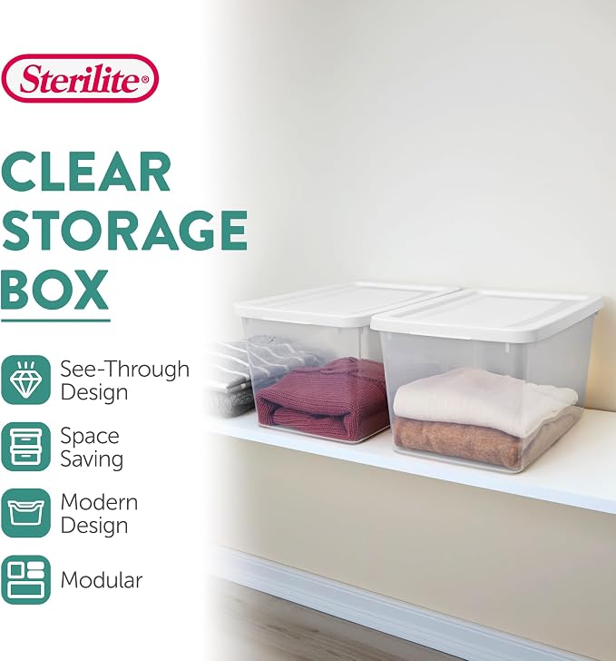 Sterilite Storage Box, Stackable Clear Plastic Bins, 20 Quart, 24-Pack | Heavy-Duty Organizing Containers with Snap-On Lids for Closet, Bathroom, and Office