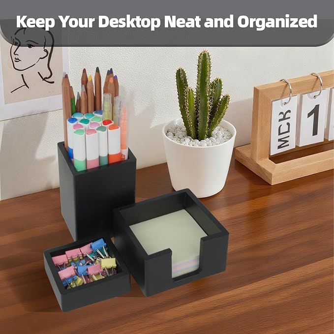 RAWILL 3 PCS Black Wooden Desk Organizer Set Pine Wood Office Desk Accessories with Pen Holder, Paperclip Storage and Sticky Note Holder, Wood Grain Clear, Ideal Gift for Office and Family (Black)