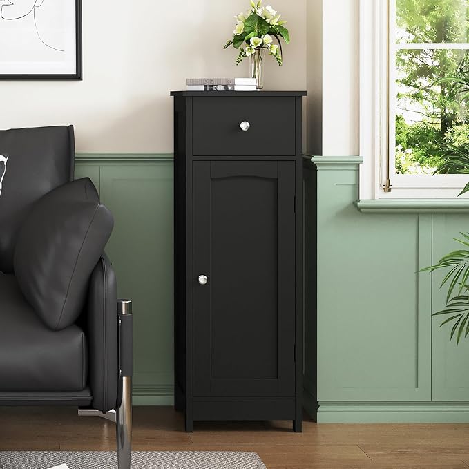 Iwell Bathroom Storage Cabinet, Small Bathroom Floor Cabinet with Drawer & Storage Shelf, Free-Standing Organizer Cabinets for Hallway/Living Room, Black