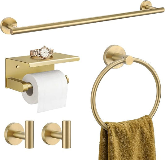 TURS Brushed Gold 5-Piece Bathroom Hardware Set Towel Bar Set SUS304 Stainless Steel Towel Racks for Bathroom Wall Mounted, 23.6-Inch
