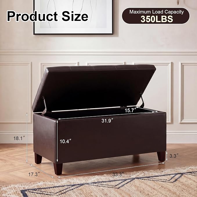 Storage Ottoman Bench, 33" Faux Leather Upholstered End of Bed Bench with Safety Hinge,Wooden Legs,for Entryway Bedroom Living Room,Chocolate Brown
